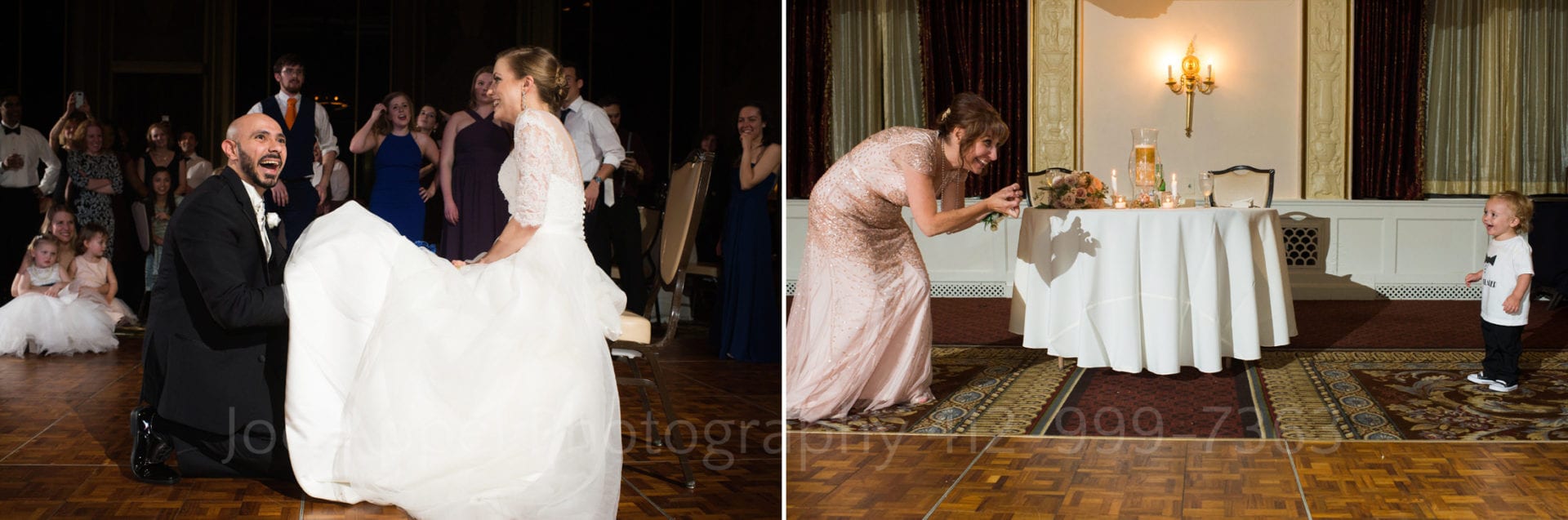 a groom puts a garter on his bride and a bridesmaid plays with a child