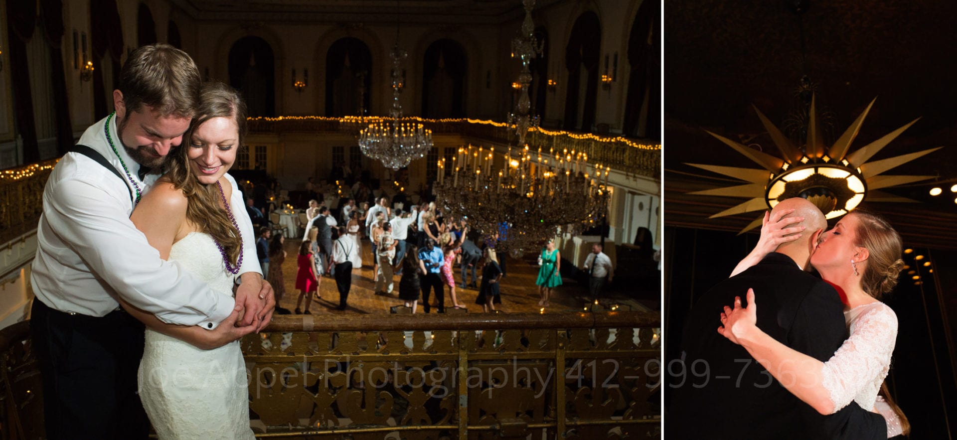 couples embrace under chandeliers