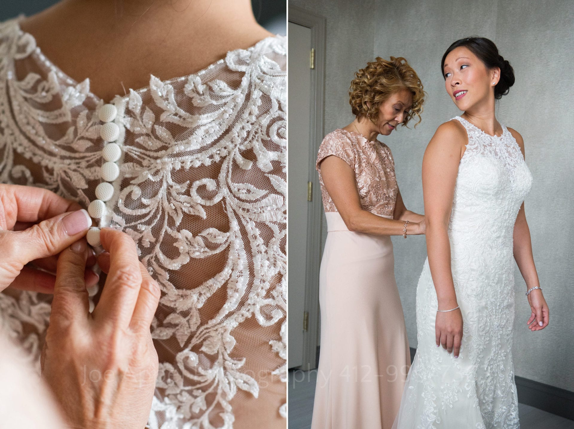 the brides mother buttons her daughters white lace wedding gown