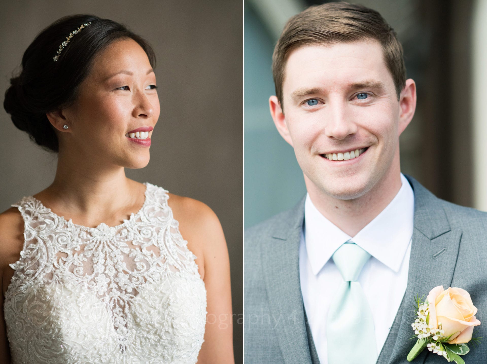 portraits of the smiling bride and groom in their wedding day attire