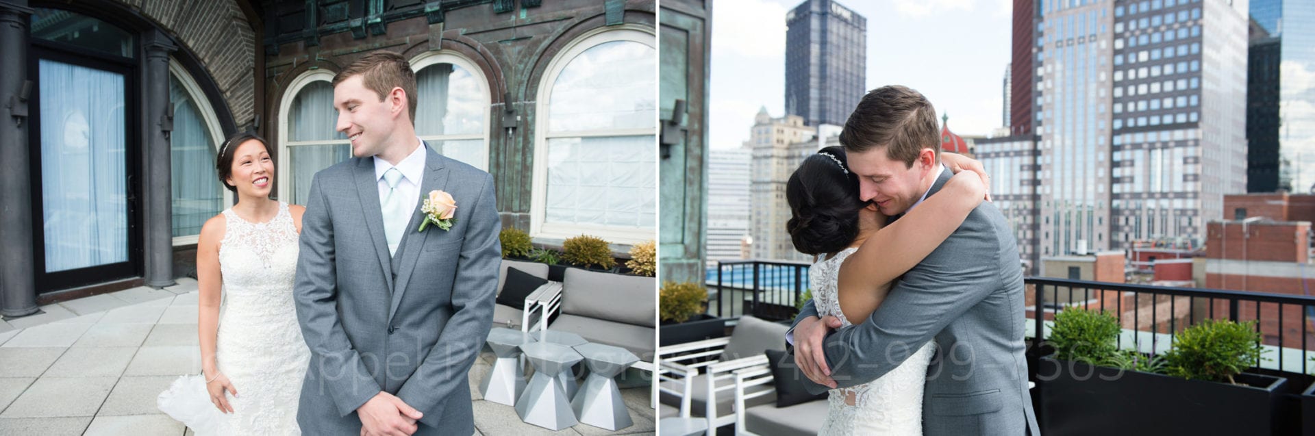 the bride and groom embrace on a balcony with a view of downtown pittsburgh
