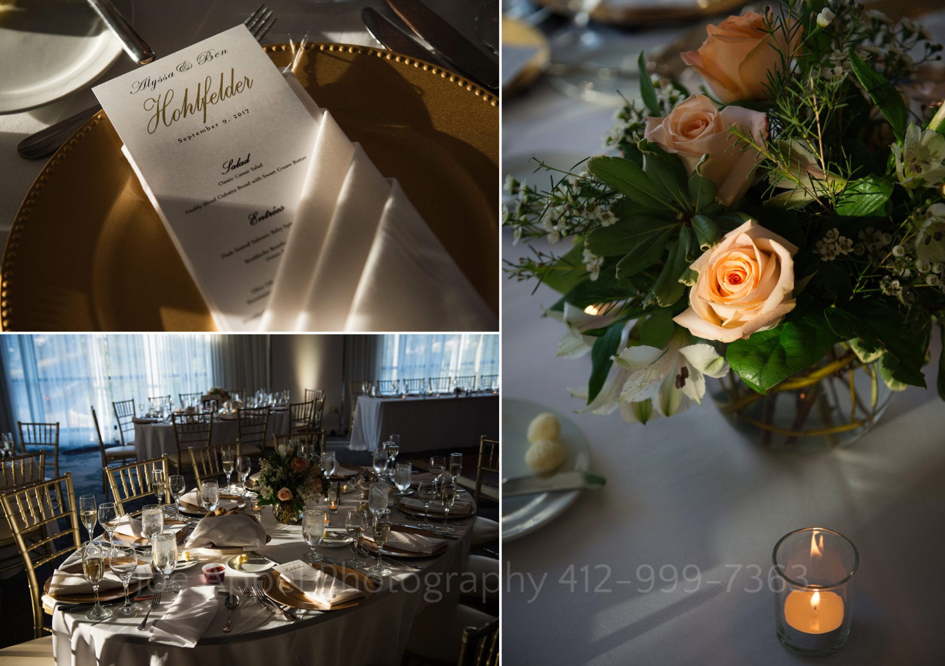 gold plates with menus next to orange roses and candles in the Symphony Ballroom during a Renaissance Pittsburgh wedding.