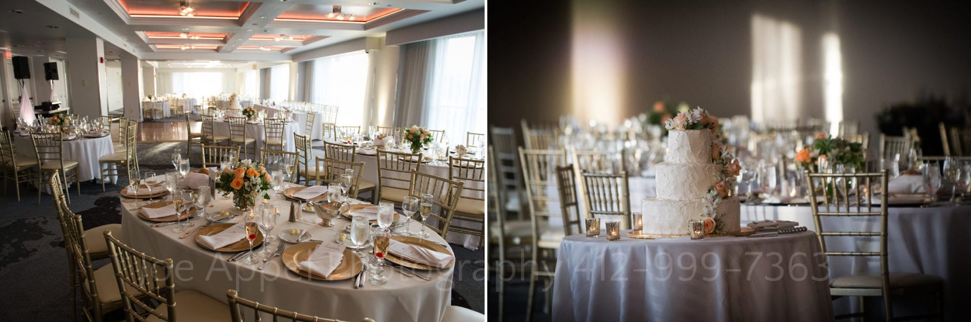 white and gold dining tables and a white wedding cake with orange and white flowers at a Renaissance Pittsburgh wedding.