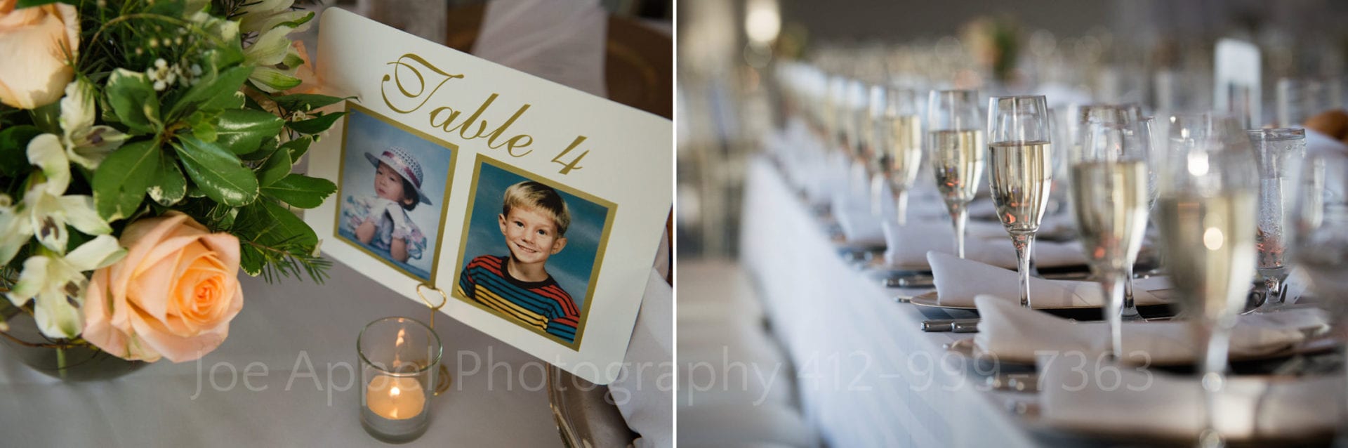 table cards with childhood pictures of the bride and groom next to glasses of champagne