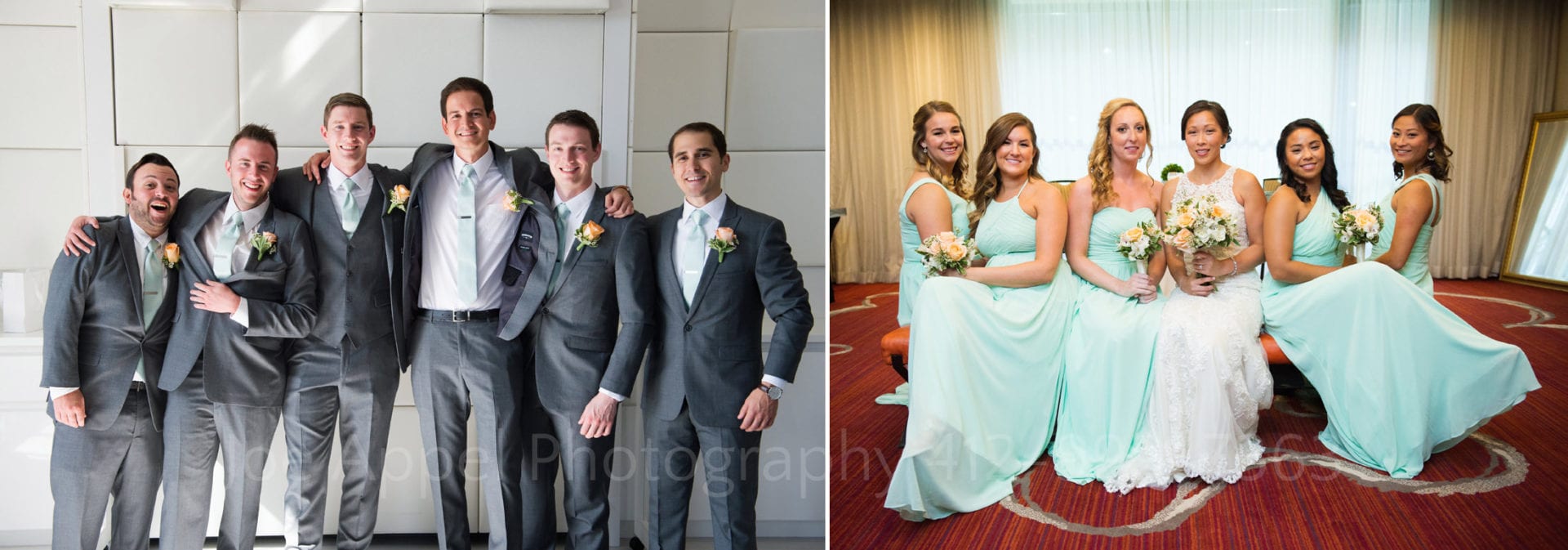 a groom and groomsmen in gray suits next to a bride and her bridesmaids in mint green dresses