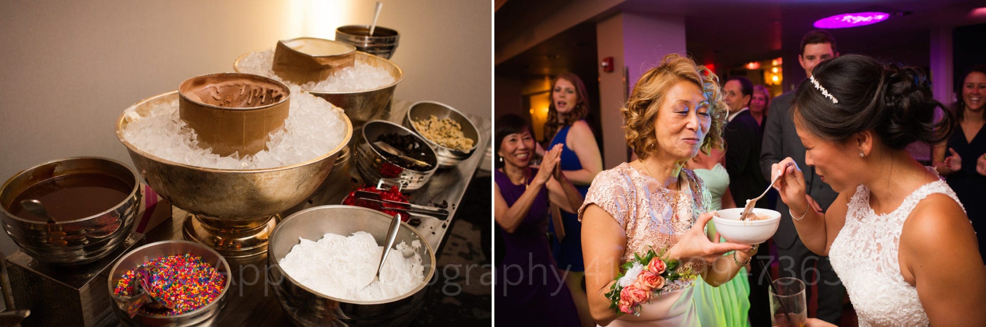 a bride and her mother eat ice cream from a sundae bar