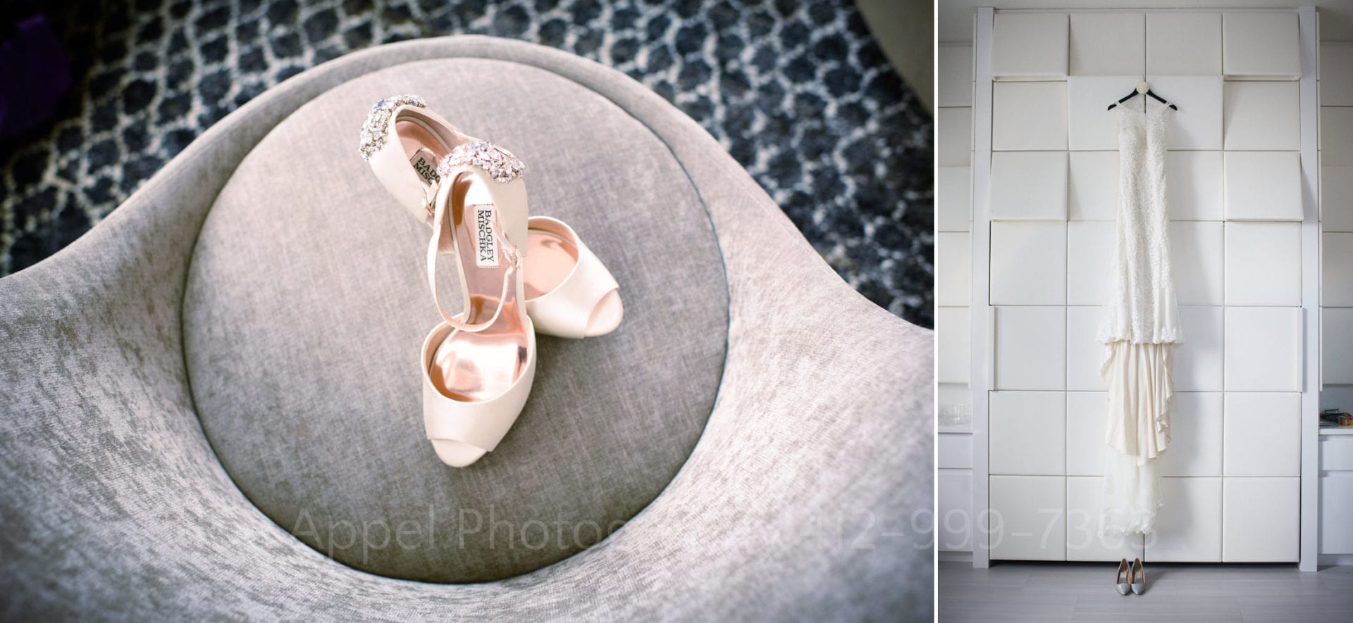 light pink badgley mischka shoes with jewels next to a white wedding dress hanging on the wall