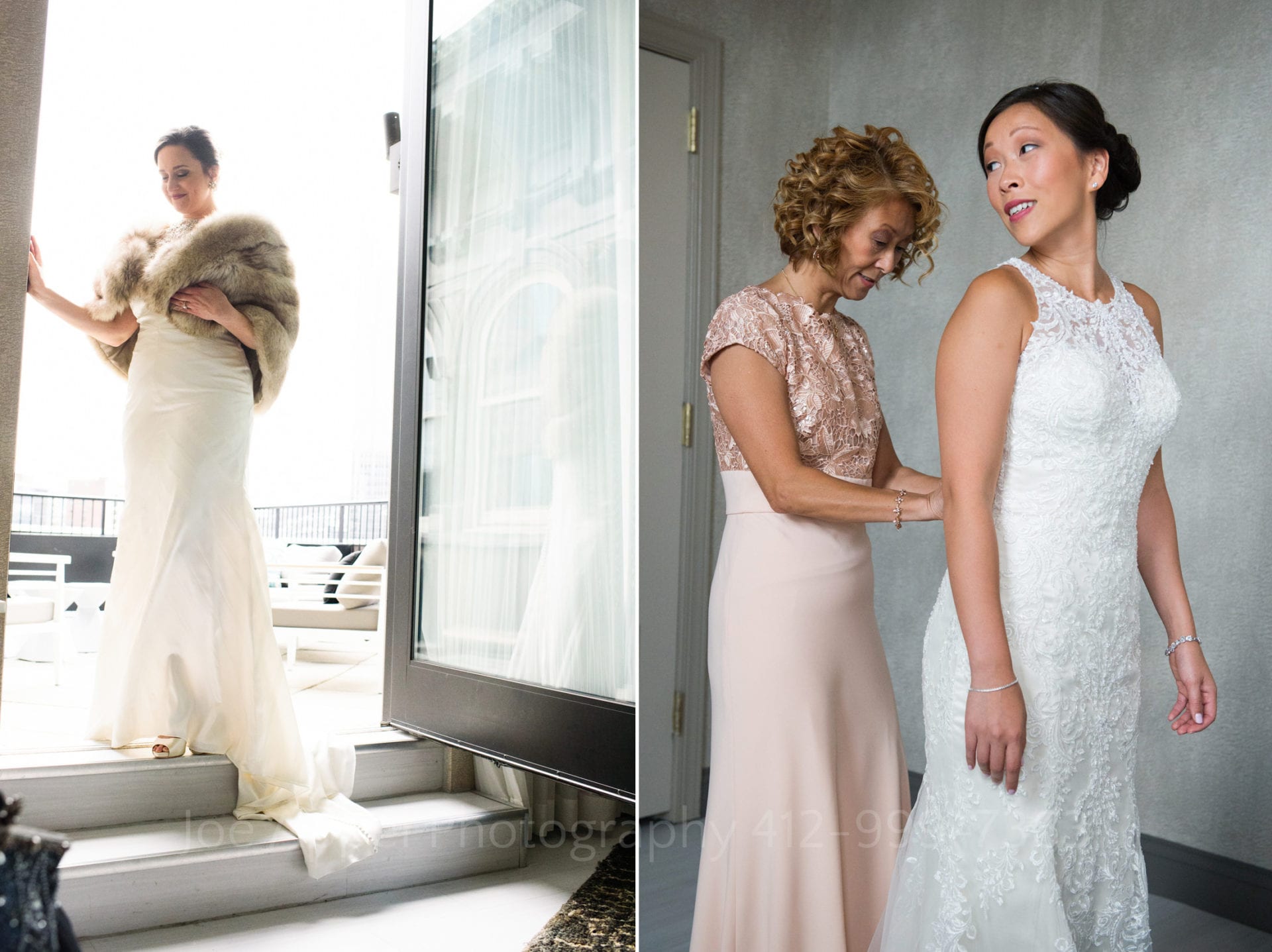a bride in a fur shawl stands in the doorway of a balcony and another bride has her dress buttoned by her mother during their renaissance hotel pittsburgh weddings