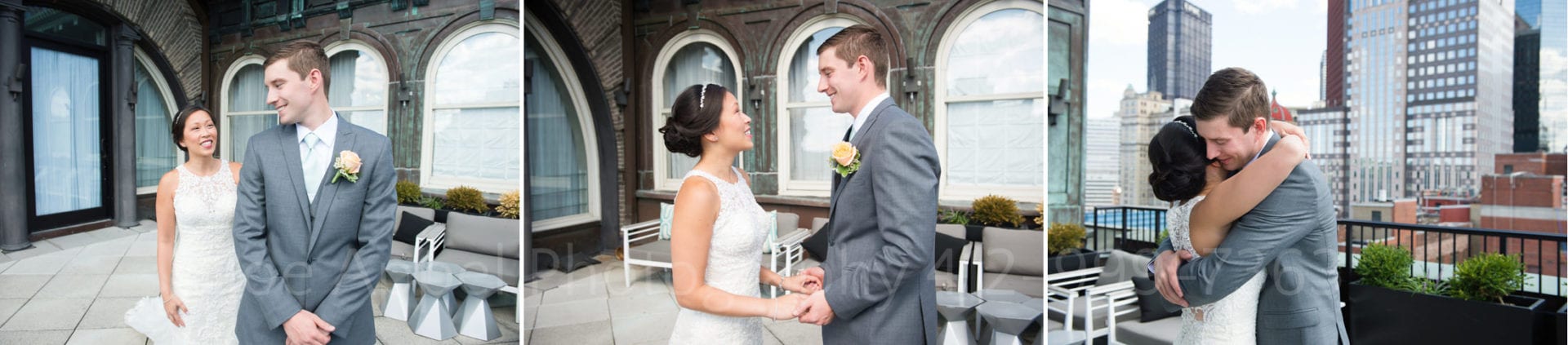 a bride and groom meet and embrace on a balcony with a city view before their renaissance hotel pittsburgh weddings