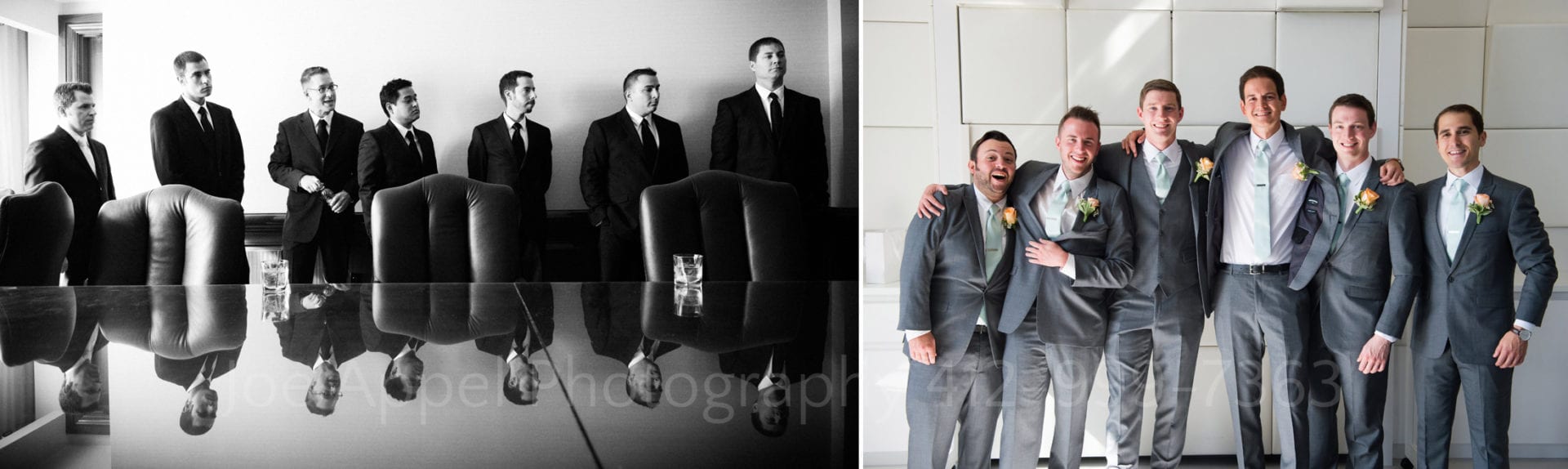 groomsmen in suits wait in a meeting room and pose outdoors