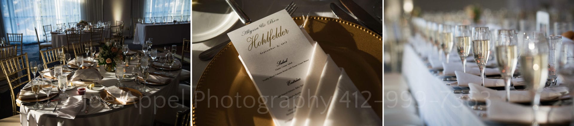 white and gold table settings with champagne glasses and menus