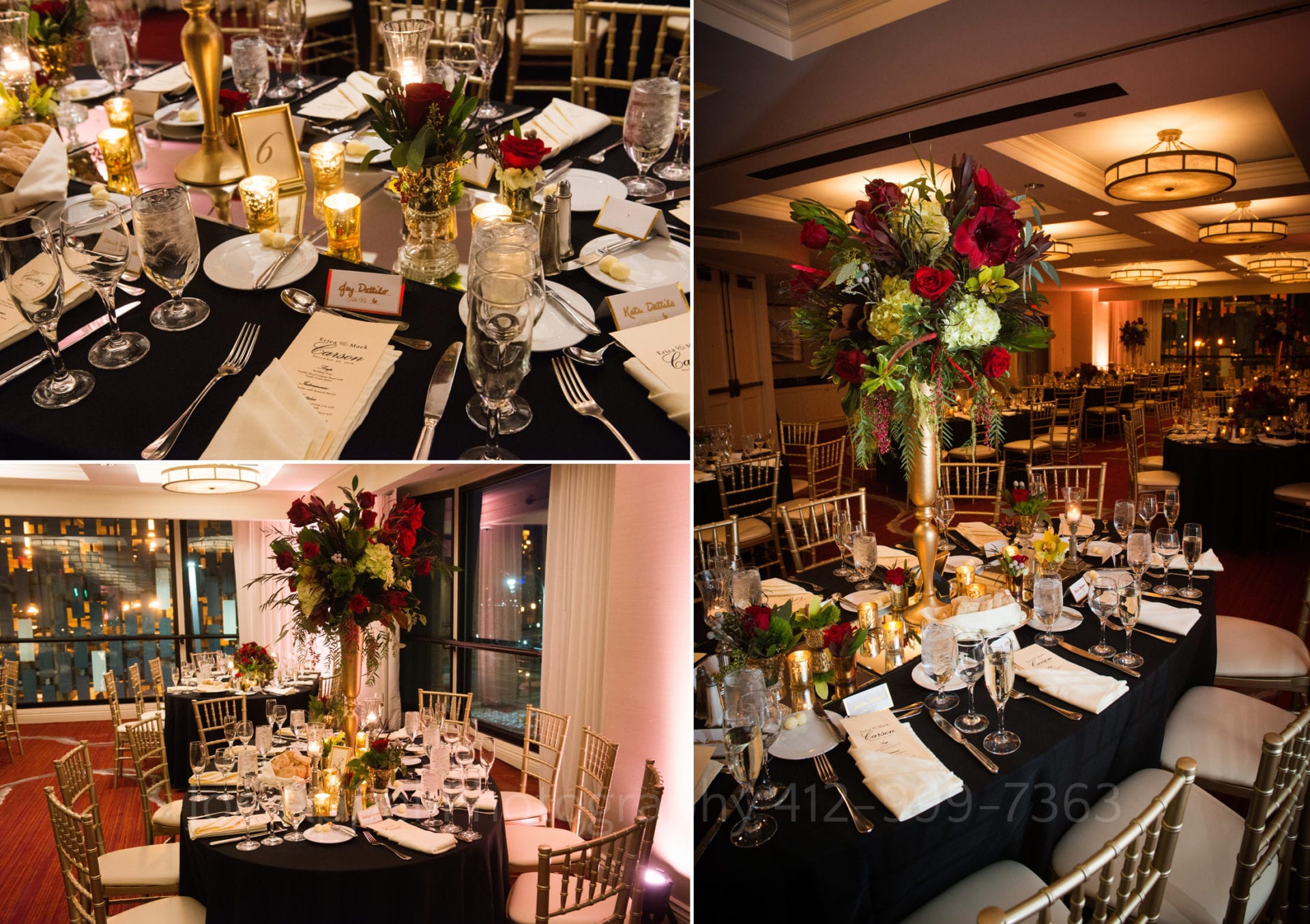 black and white table settings with large red and green floral arrangements