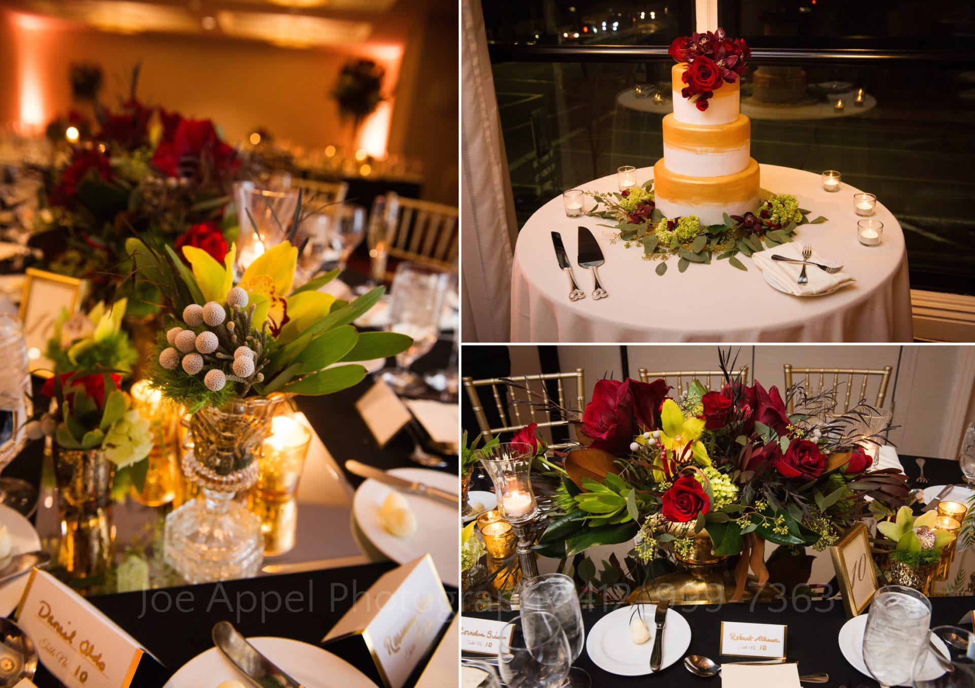 red and green floral centerpieces and a white and gold wedding cake with red roses