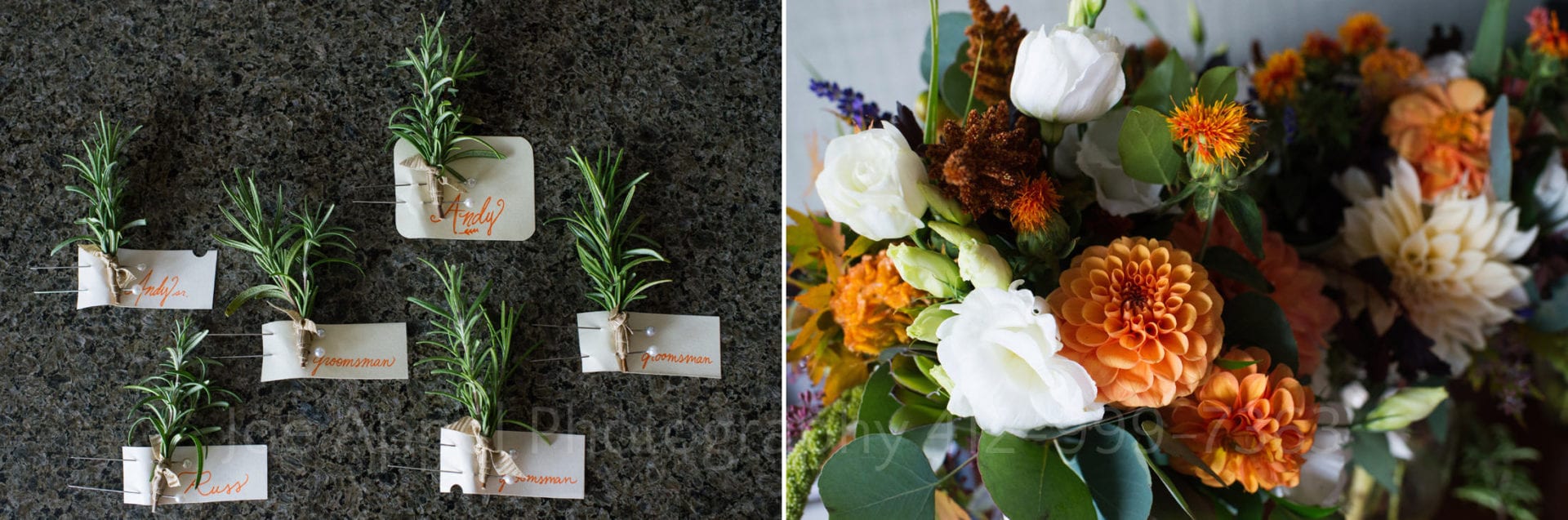 Two photos: one is a bunch of labeled boutonnieres made of sprigs of rosemary. The other is a bouquet with orange and white flowers. 