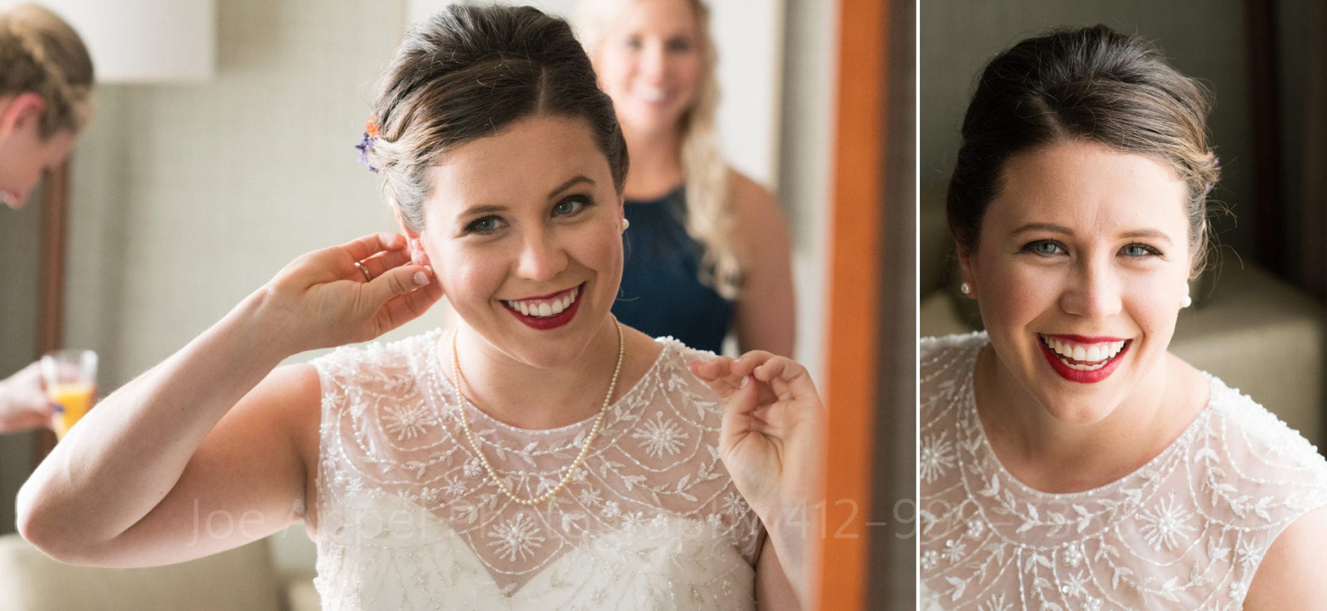 Two photos of a smiling bride wearing a white dress and pearls.