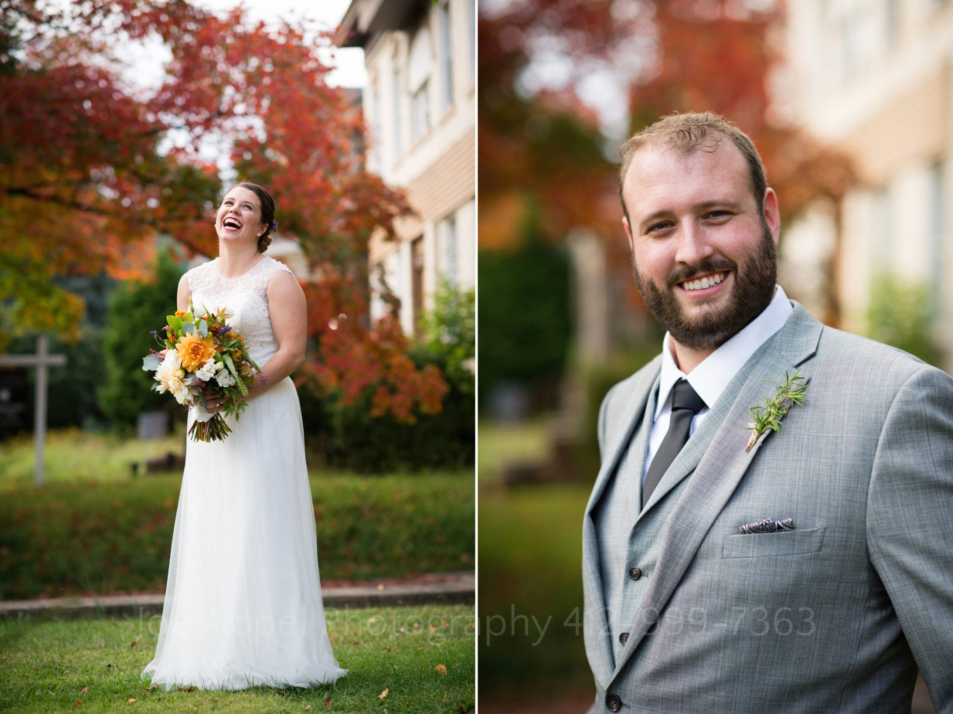 Individual portraits of a bride and groom stand outside with a red-leafed tree behind them.