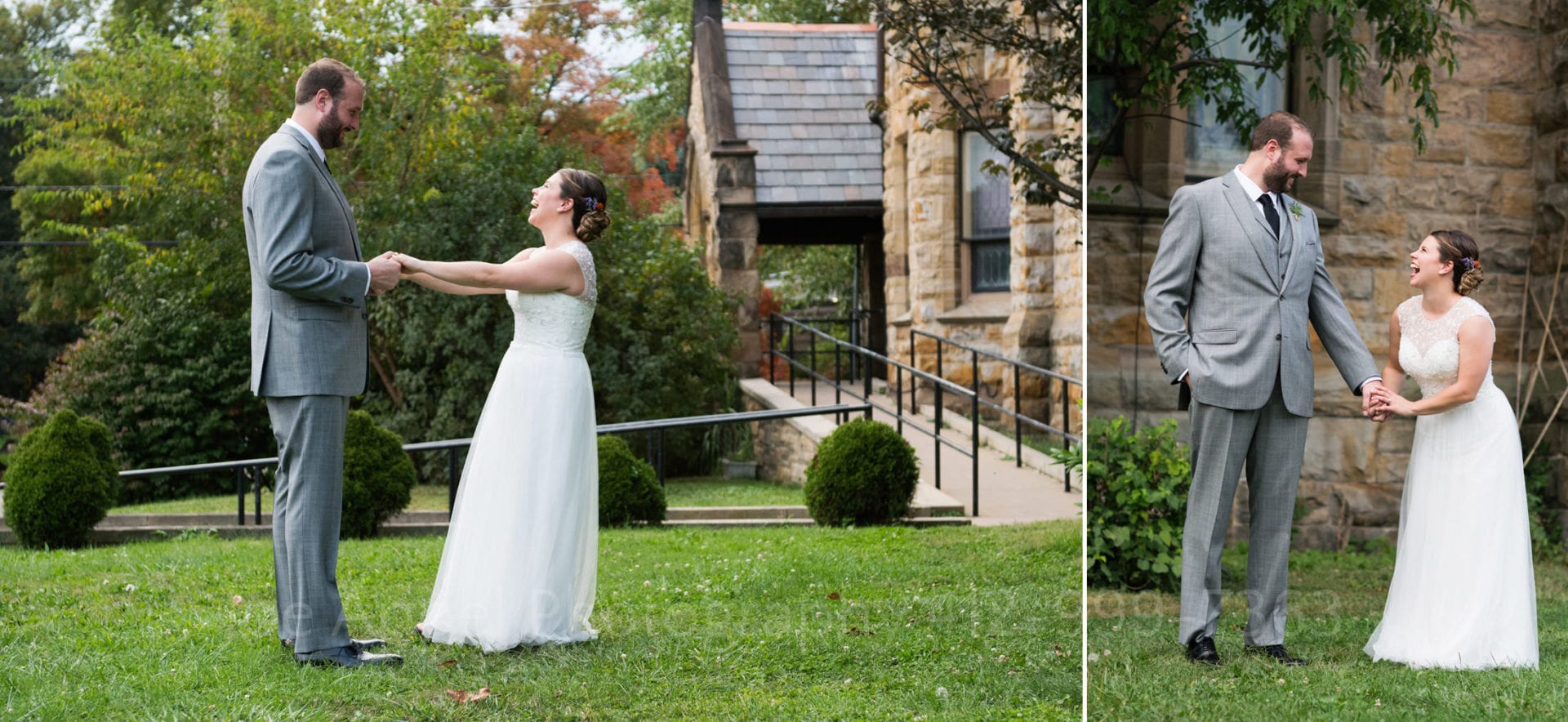 Two photos of a bride and groom holding hands and smiling as they look at each other in a yard outside of a brownstone church.