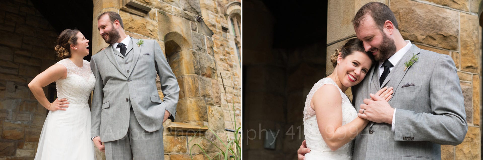 Two photos of a bride and groom outside of a brownstone church.