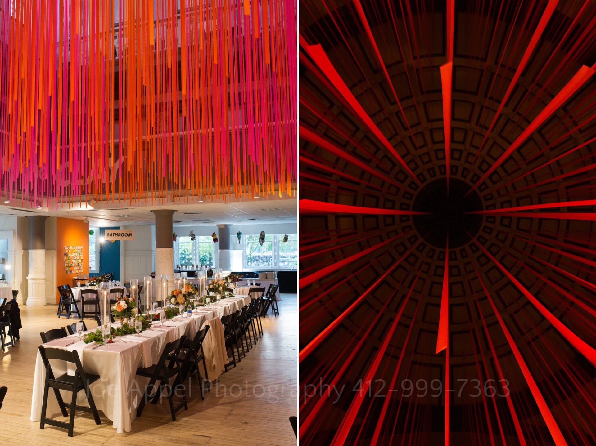 Two views of a room with a long table set for a wedding banquet. Pink ribbons hang from the high ceiling.