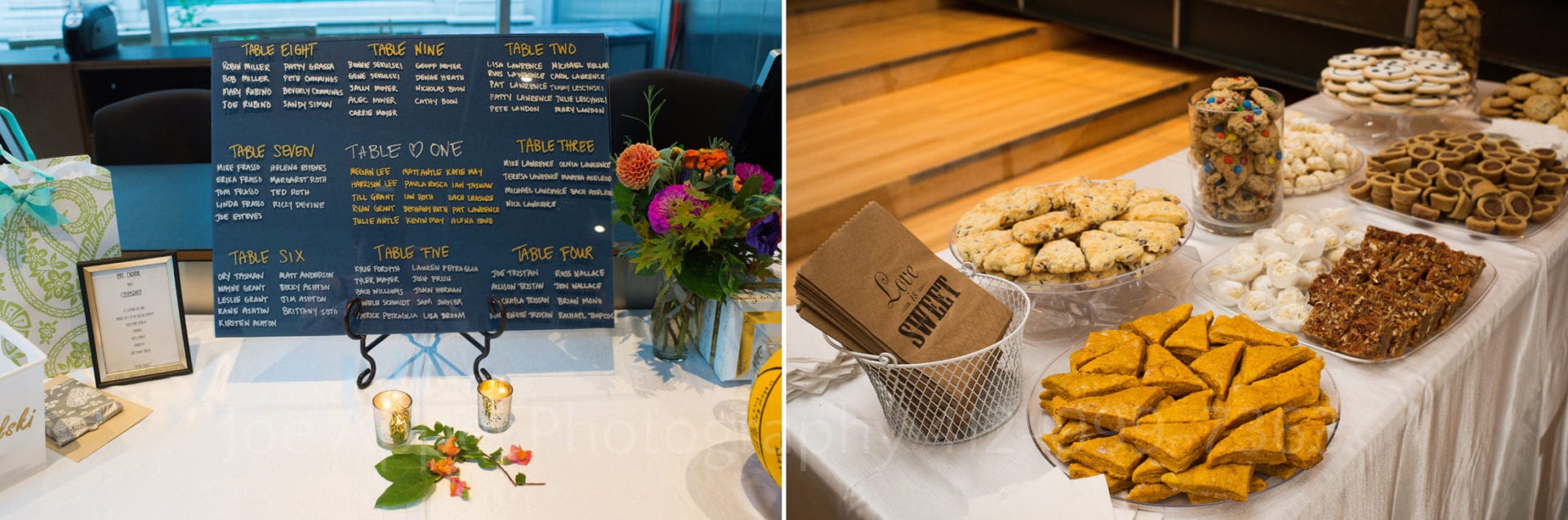 A cookie table and an escort table with a chalkboard showing seating assignments.