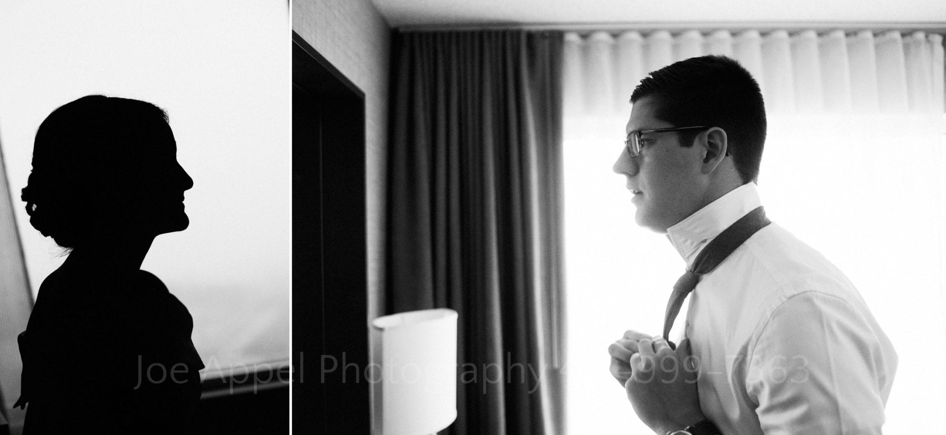 Two photos: A bride is silhouetted against a window in one picture while a groom wearing glasses concentrates as he puts on a tie while looking in a mirror.