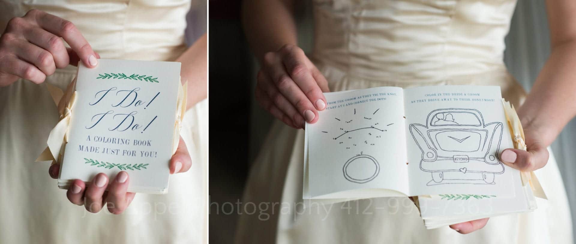 Detail photos of a bride in a white dress holding a coloring book custom made for her wedding guests.