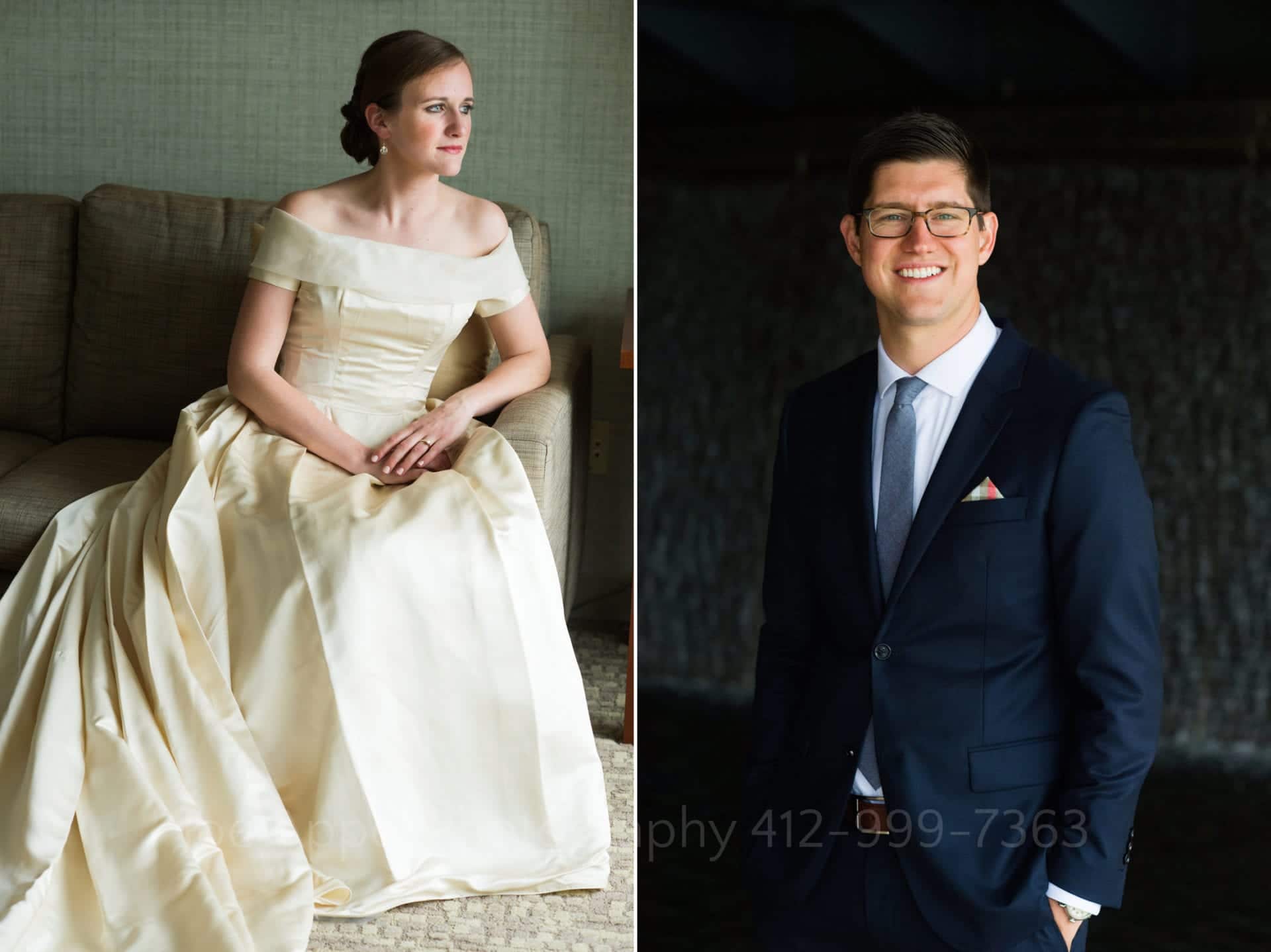 Two portraits of a bride and a groom prior to their Heinz History Center wedding. The bride wears a silk dress with bare shoulders and the groom a navy suit with gray tie.