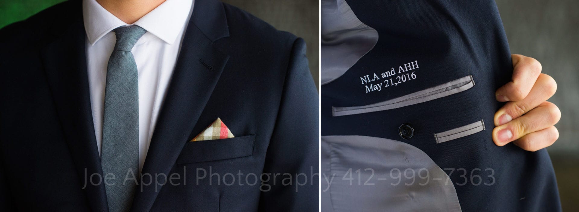 Detail photos of a groom's navy suit with a gray tie and contrasting pocket square. Embroidered inside of the suit is the couple's initials and wedding date.