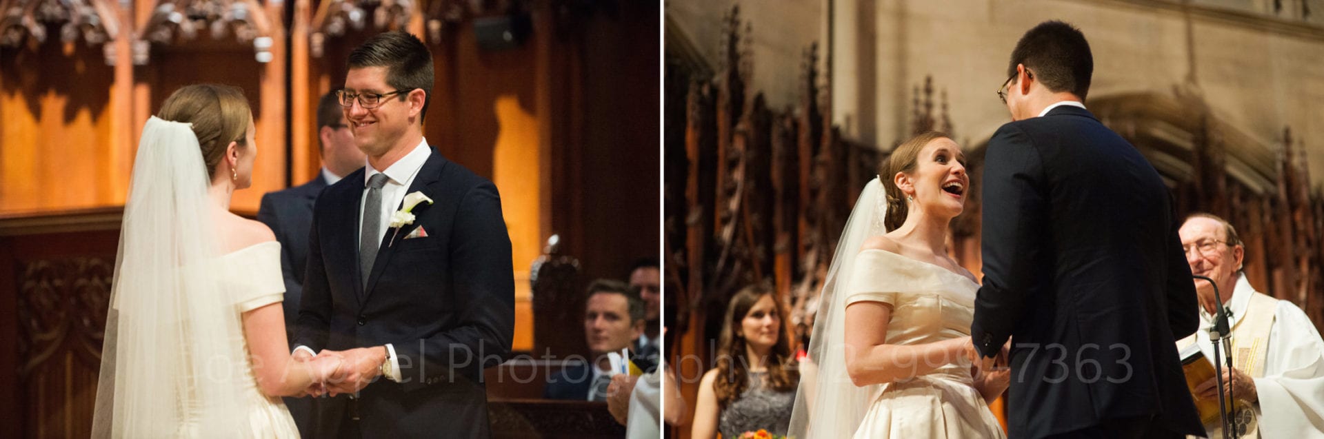 Two photos: one showing a groom facing his bride as they hold hands. He's smiling. The second photo shows the bride looking at her groom with a broad smile as they exchange vows during their Heinz Chapel Wedding. 