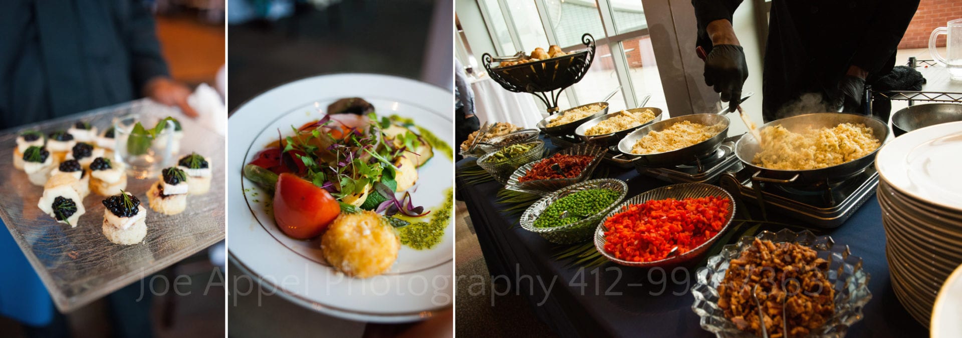 Three photos of delicious food including passed hors d'oeuvres, a salad of mixed greens, and a fajita bar during a Heinz History Center wedding.
