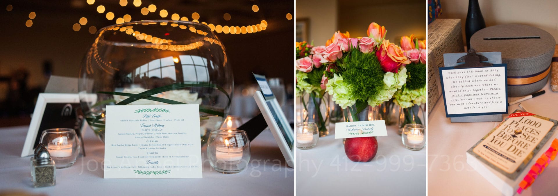 A menu card leans against a centerpiece made of a glass goldfish bowl with flowers, detail of a place card on a nectarine, and a travel guide with a sign asking guests to leave messages in it.