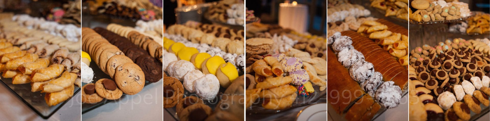Six photos of various homemade cookies on a traditional Western Pennsylvania cookie table during a Heinz History Center wedding.