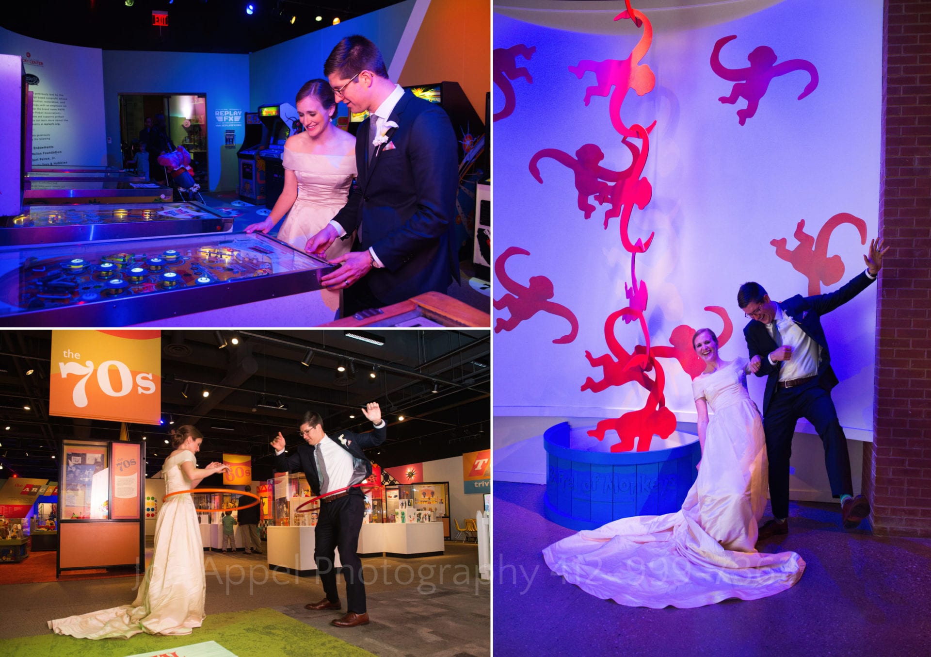 Three photos of a bride and groom playing with toys including a pinball machine, a giant barrel of monkeys and hula hoops during their Heinz History Center wedding.