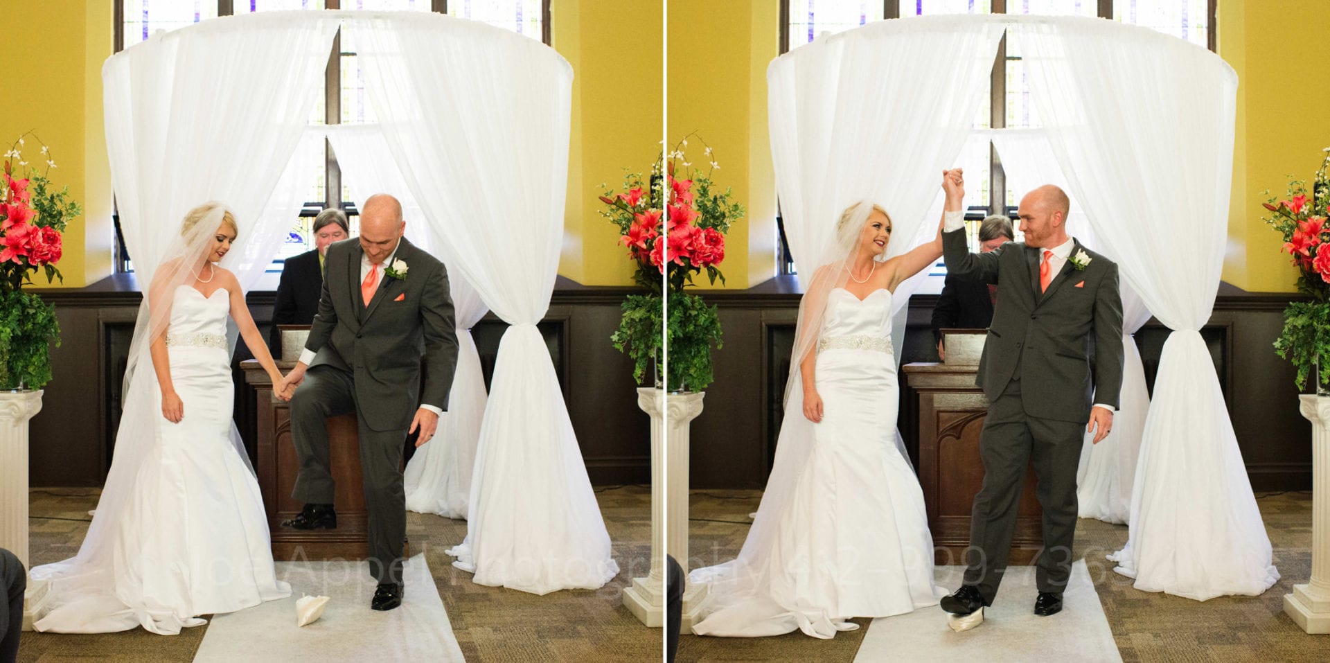 Two photos of a bride and groom holding hands while the groom stomps on a glass in the Jewish tradition at the end of their wedding ceremony at the Union Project in East Liberty. The walls are yellow and there is a white curtain behind them.