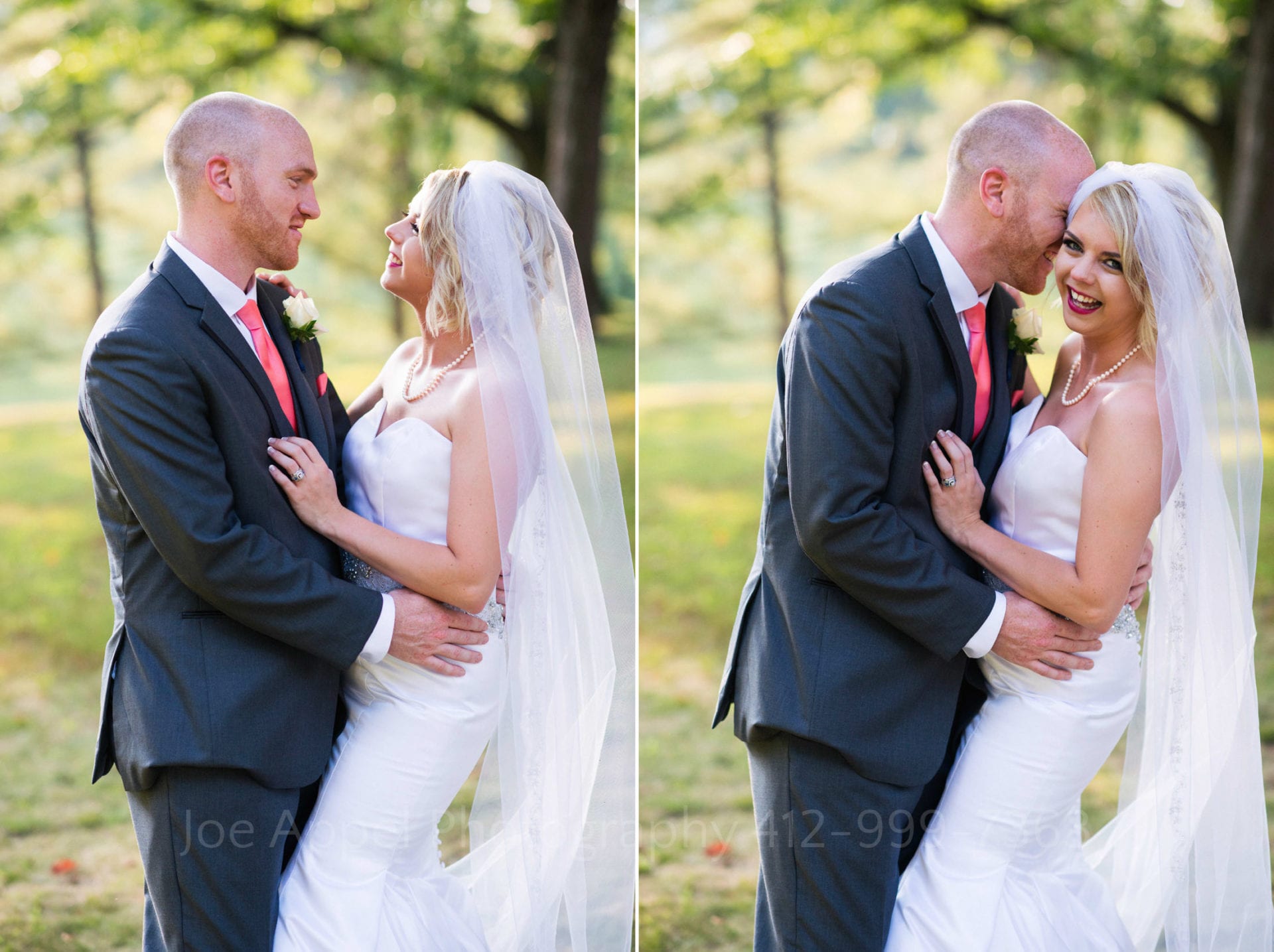 Two photos of a bride and groom who embrace each other. In the first photo the couple looks at each other in the second photo the groom leans into the bride as she turns her head and laughs.