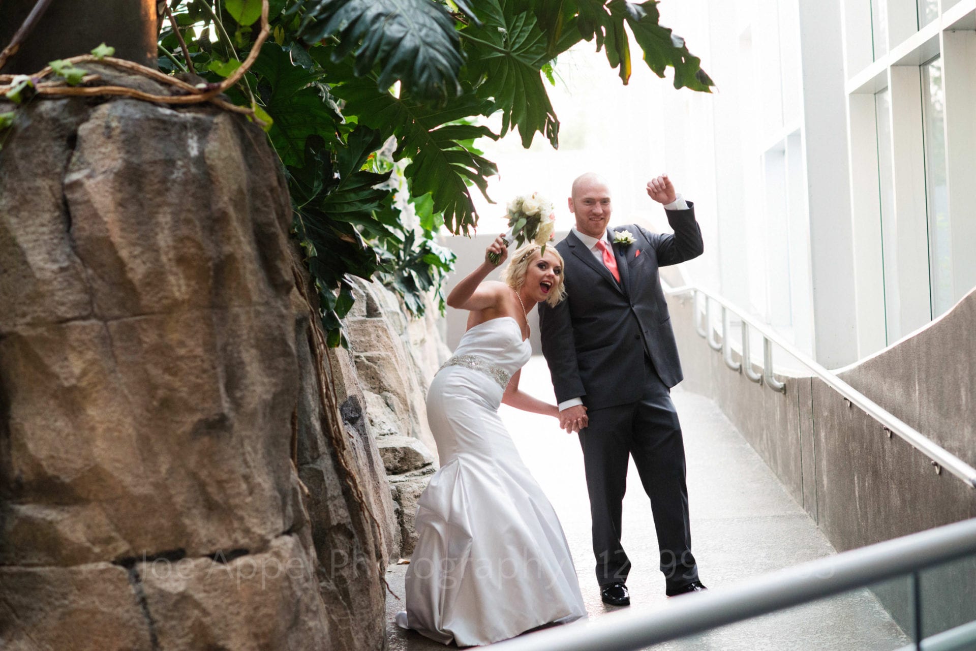 A bride and groom hold their hands in the air as they stand on a ramp at the PPG Aquarium when they are announced to their wedding reception.