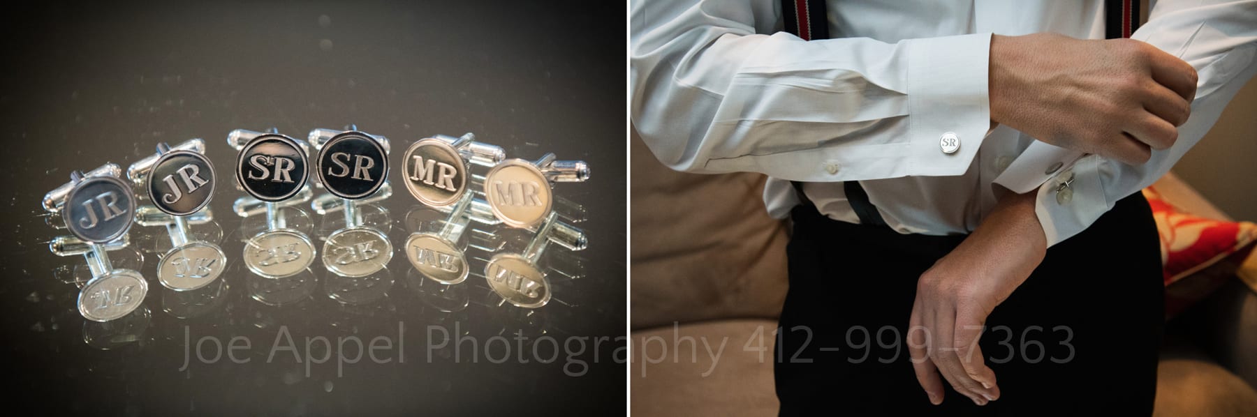 a grooms engraved cuff links are reflected on a glass table. Detail of the groom putting on the cuff links on his french cuff shirt.