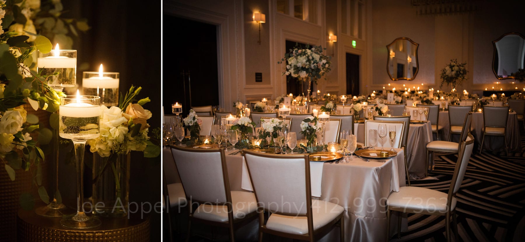 white flowers on white dinner tables in a candlelit ballroom at the hotel monaco pittsburgh wedding