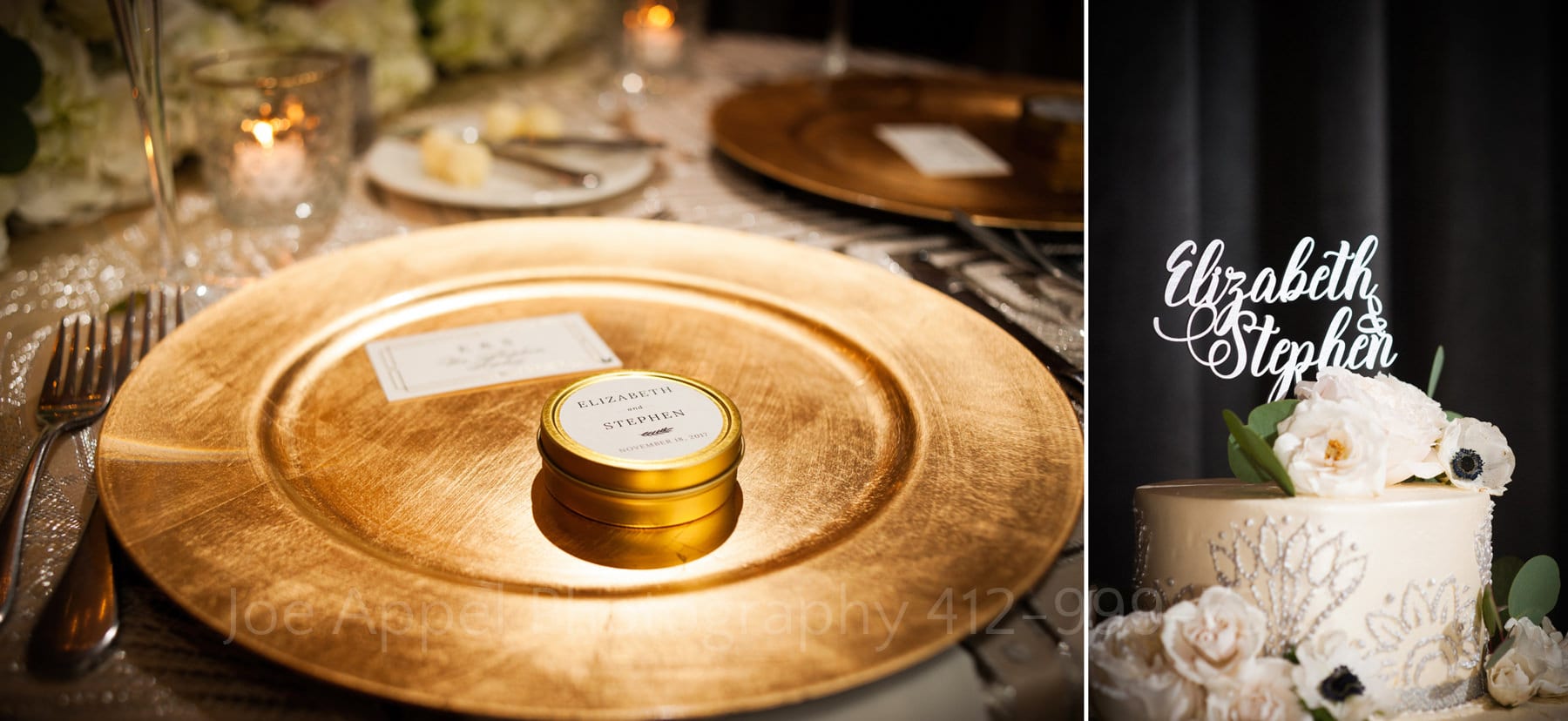personalized wedding favors on a gold charger and a cake topper on a white wedding cake with the names elizabeth & stephen in script above flowers at a hotel monaco pittsburgh wedding.