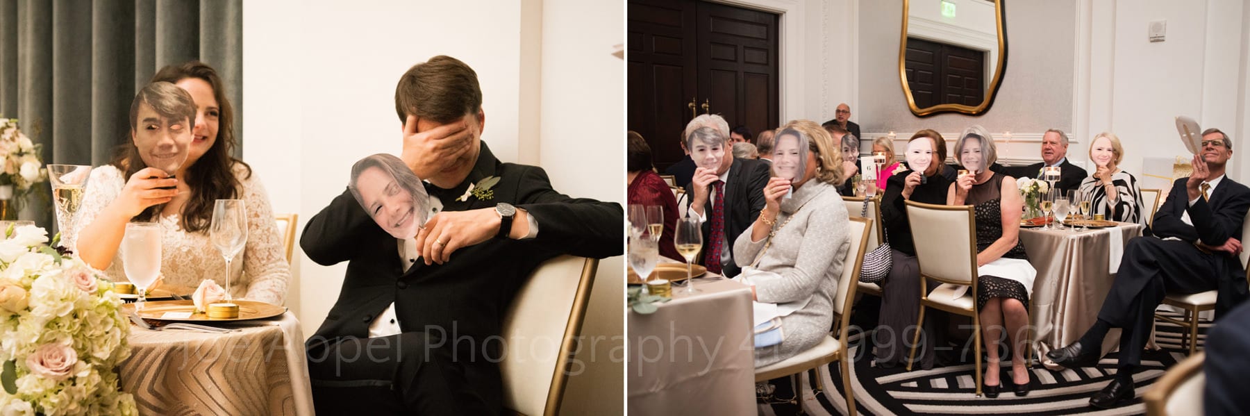 guests hold masks with the bride and grooms faces at the hotel monaco pittsburgh wedding