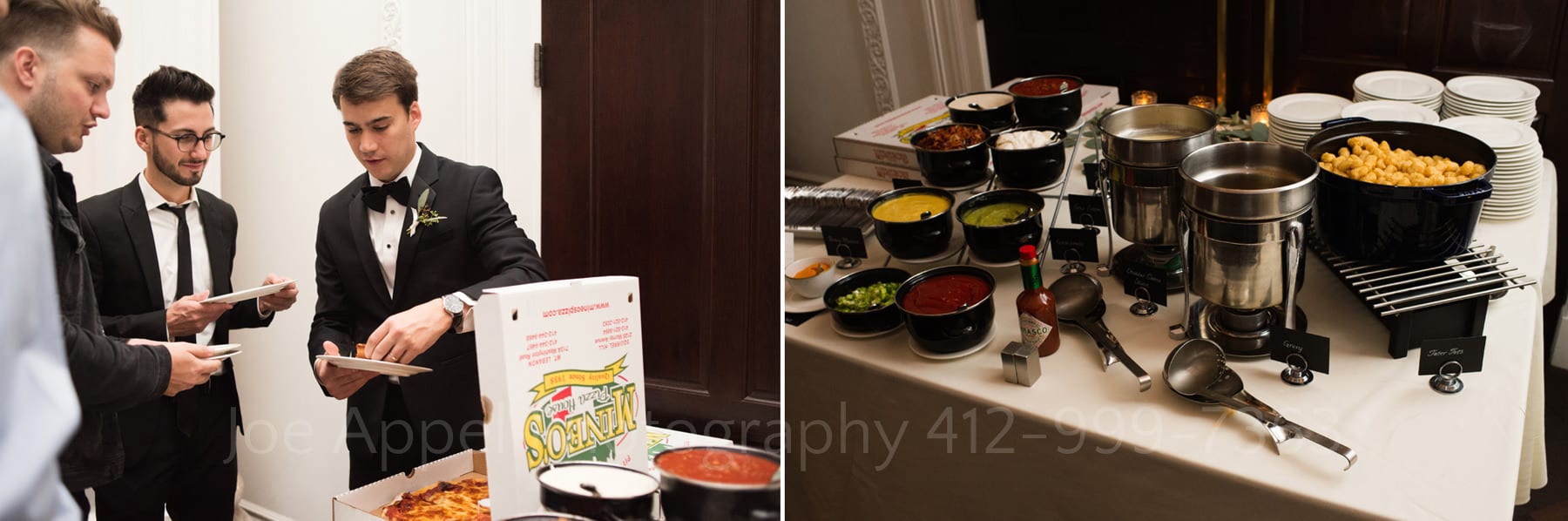 a black tuxedoed groom and two male guests also in black pick pieces of pizza from a box. The second photo shows an extensive tater tot bar with cheese, sauces, green onions, guacamole, and bacon during a hotel monaco pittsburgh wedding.