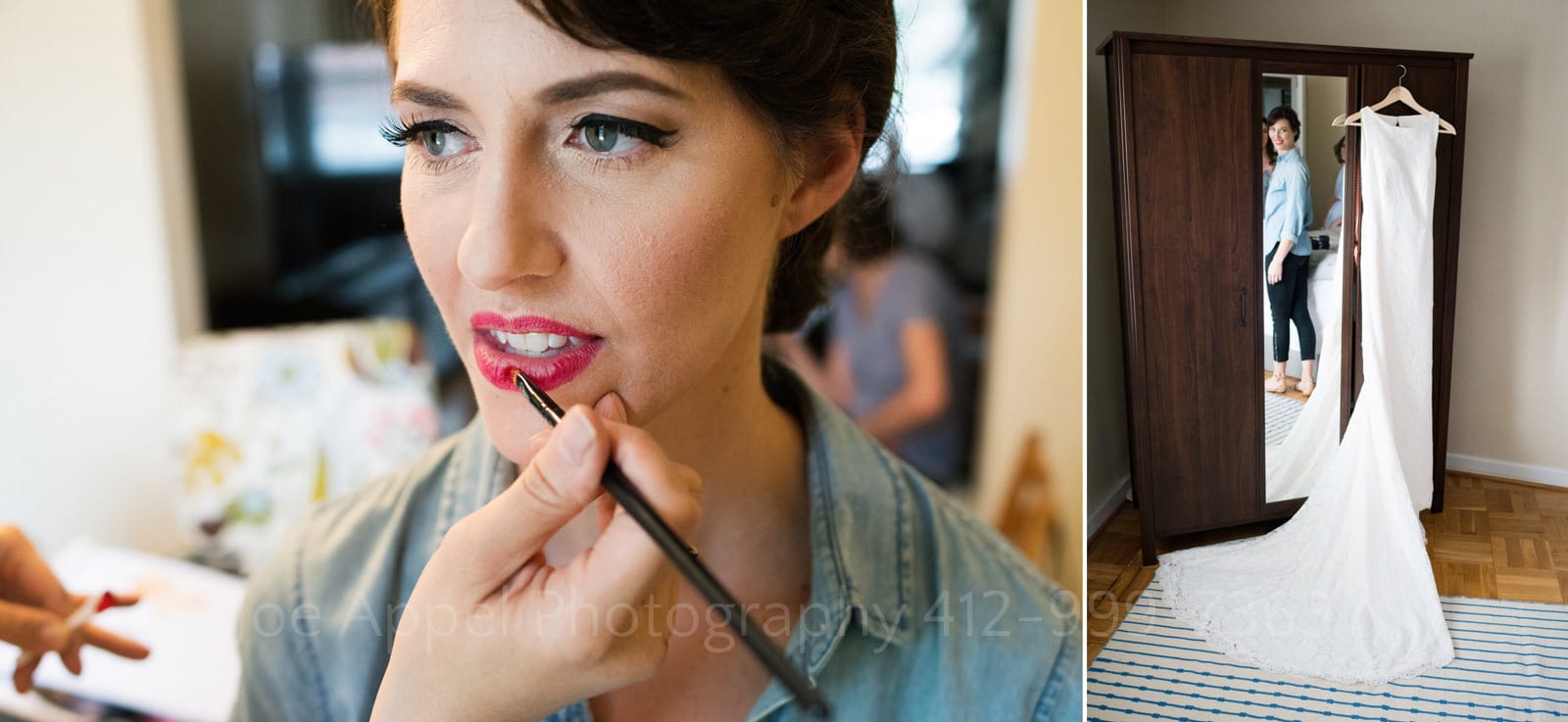 A woman in a blue shirt has red lipstick applied by a professional using a brush. The same bride looks at her dress hanging from a armoire before her St Francis Hall Washington DC wedding