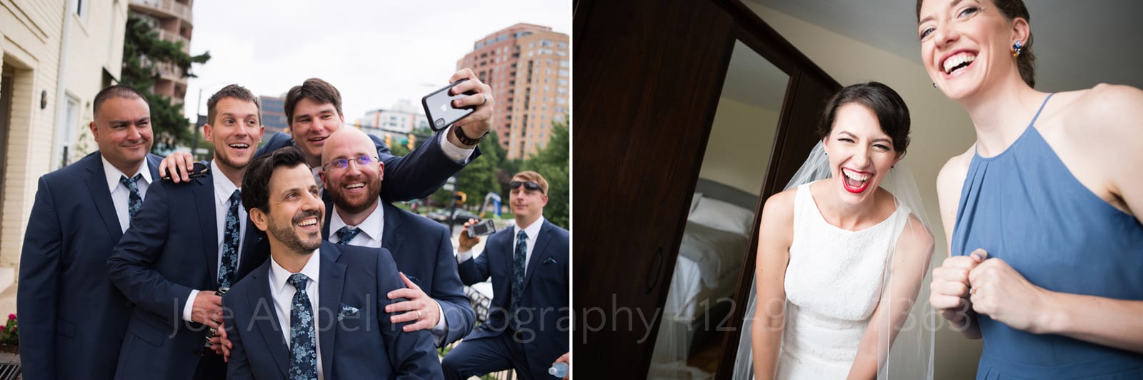 A groom and his groomsmen wearing blue suits and ties take a selfie while a bride and her bridesmaid laugh as they watch from a window before their St Francis Hall Washington DC wedding.