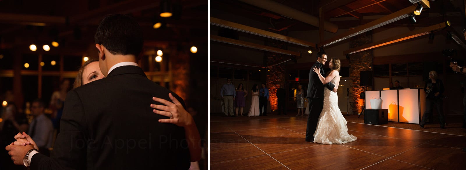 A bride's right eye peeks above her groom's shoulder as they share a first dance during their Fall Wedding at Seven Springs.