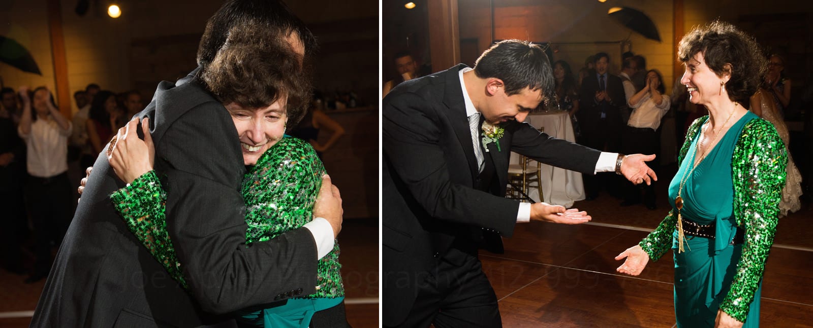A groom embraces his mother as they dance. She's wearing a green sparkly dress.