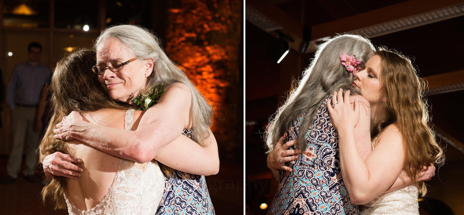 A bride and her mother share an emotional embrace as they dance during her Fall Wedding at Seven Springs