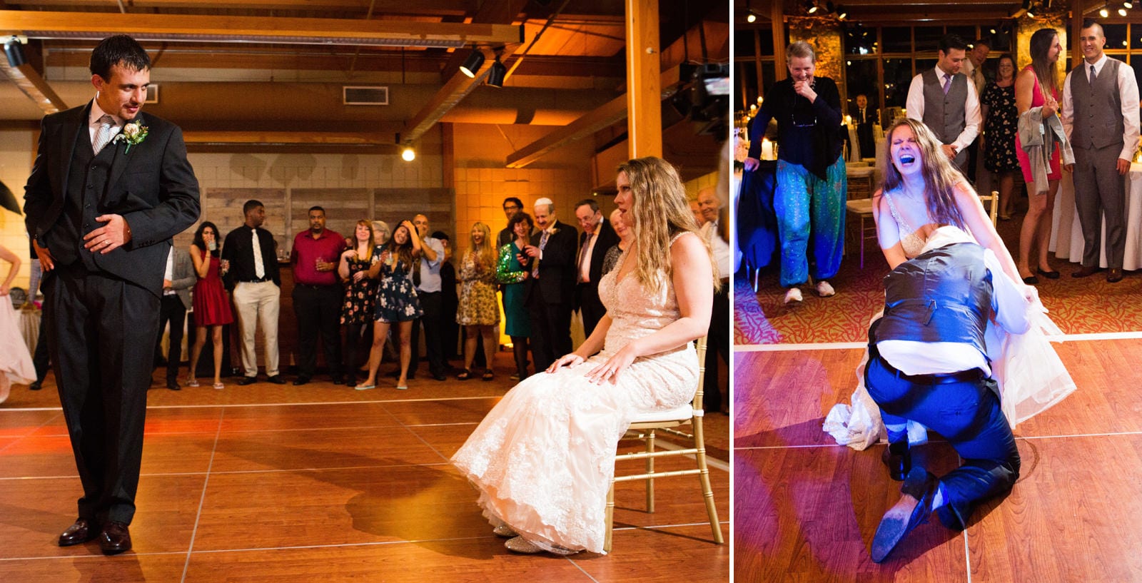 A groom stands sideways and looks dramatically at his seated bride. He then reaches under her dress to grab her garter belt while she laughs during their fall wedding at Seven Springs.
