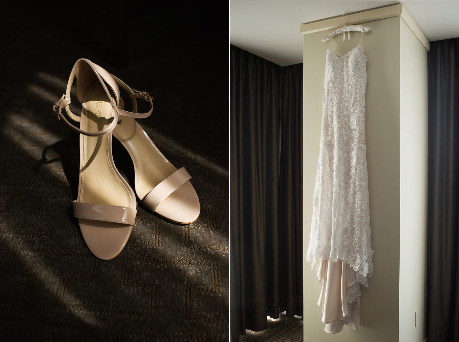 Photo of a pair of tan strappy heels and a wedding dress hanging on a wall before a Wedding Photography at Fairmont Hotel Pittsburgh.