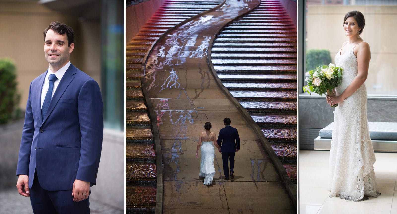 Portrait of a groom in a blue suit. Another of a bride holding a bouquet in a white dress. The couple walking up a serpentine path with water steps on either side during their Wedding Photography at Fairmont Hotel Pittsburgh.
