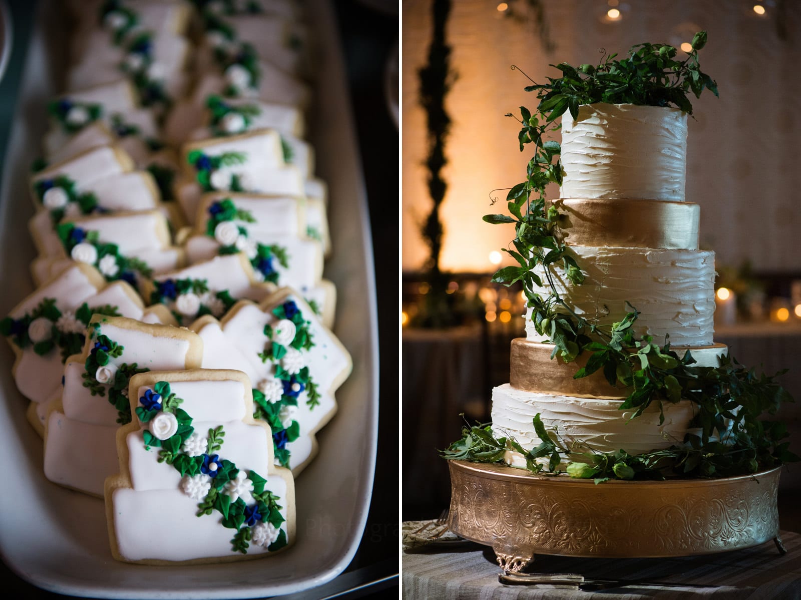 A wedding cake and cookies that look like that wedding cake at Wedding Photography at Fairmont Hotel Pittsburgh.